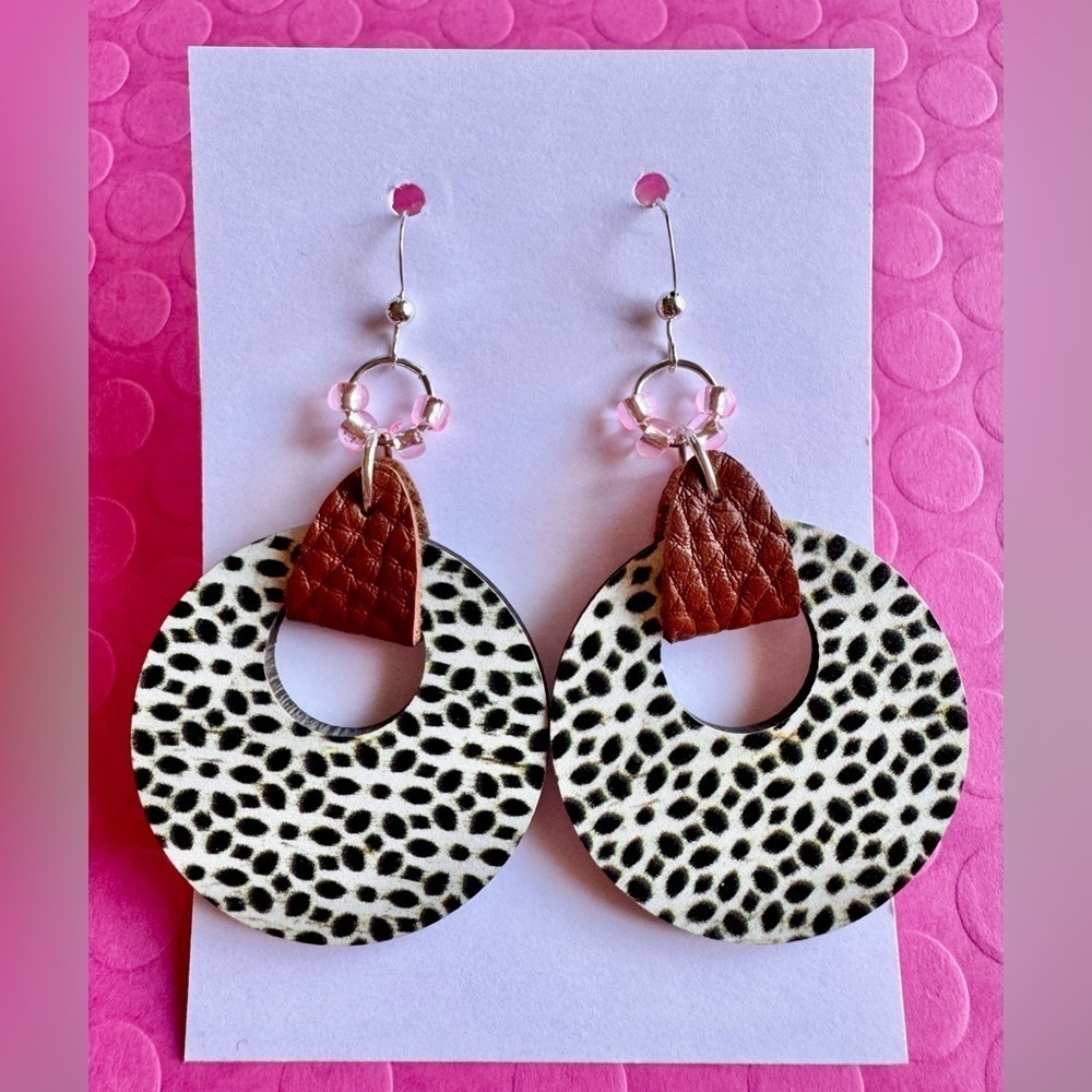 New Black & White Dots Wooden Circle w/ Leather & Beads Earrings - 2.75”